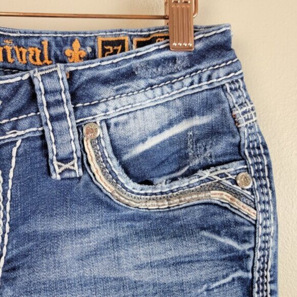 Rock Revival Vitual Pink Mid Rise Straight Patch Distressed Medium Wash Jeans 27 - Picture 6 of 16